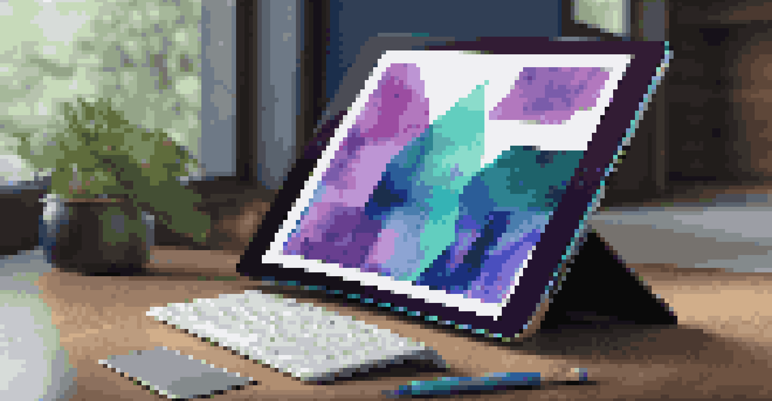 A tablet displaying a colorful abstract digital art piece, symbolizing the rise of NFTs in a modern living room setting.