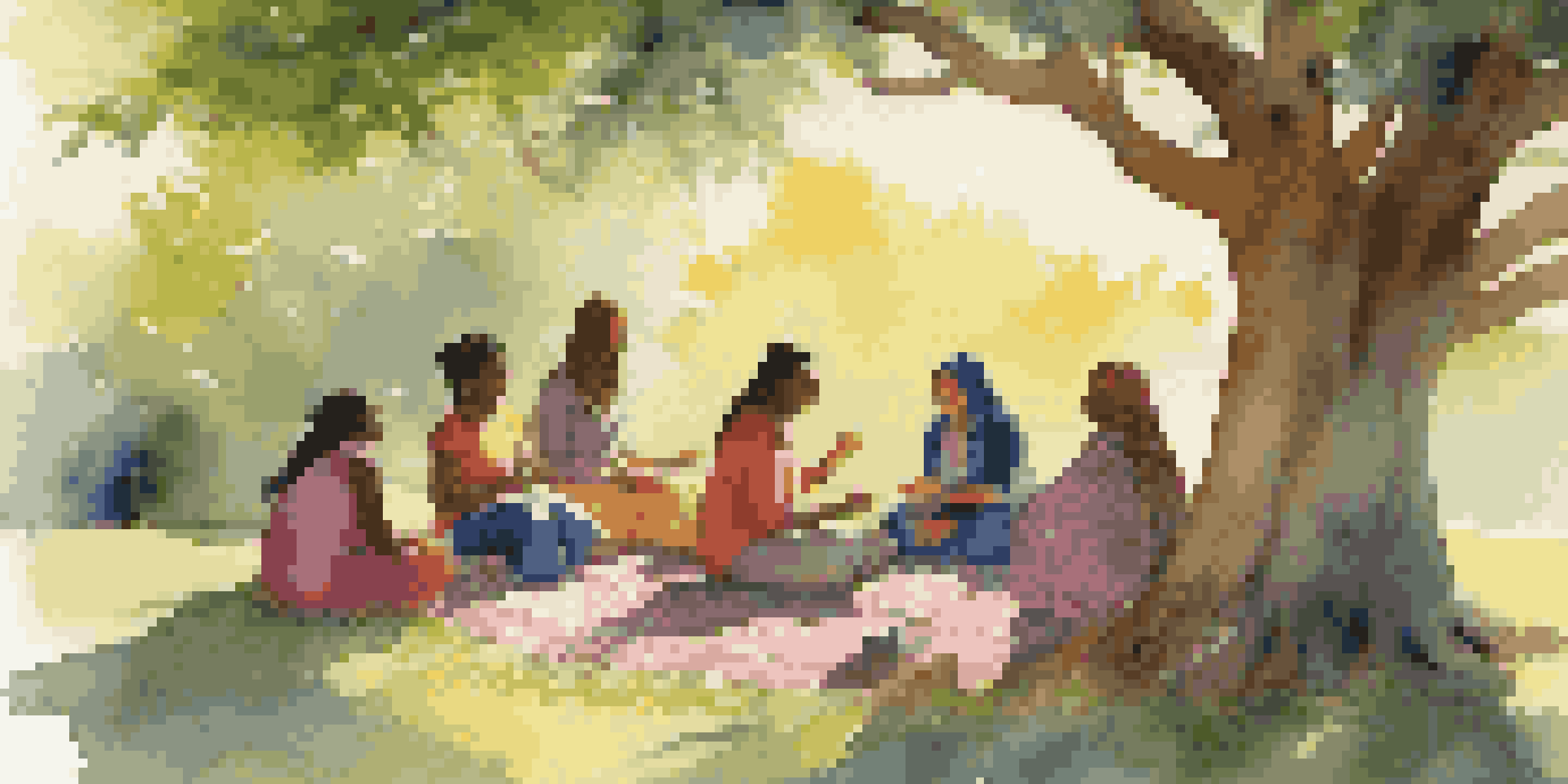 A diverse group of people gathered in an outdoor storytelling circle under a tree, with a storyteller animatedly sharing a story, while others listen attentively.