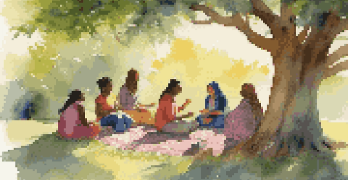 A diverse group of people gathered in an outdoor storytelling circle under a tree, with a storyteller animatedly sharing a story, while others listen attentively.