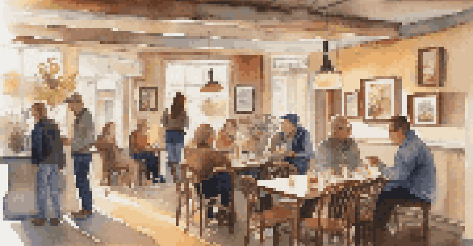 A local café filled with patrons enjoying coffee while viewing an art exhibition on the walls. An artist is demonstrating their process to an engaged audience in a warm, inviting setting.
