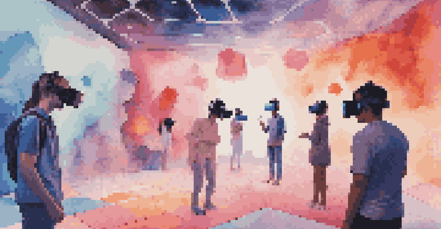 People wearing VR headsets in a digital art landscape with floating shapes and vibrant colors.