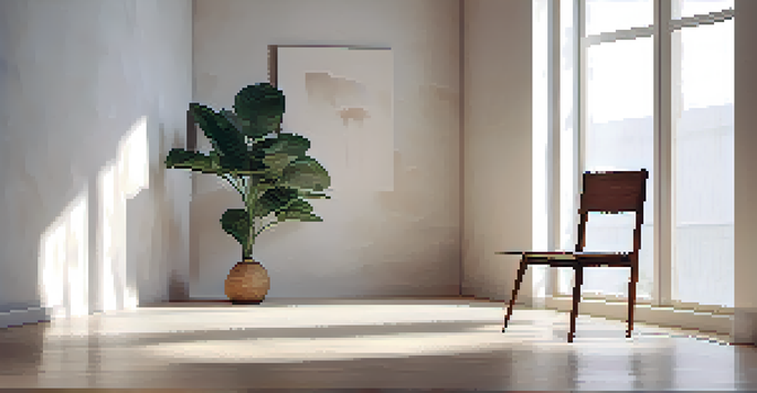 A minimalist room with a wooden chair, round table, and a green plant, illuminated by natural light from a large window.