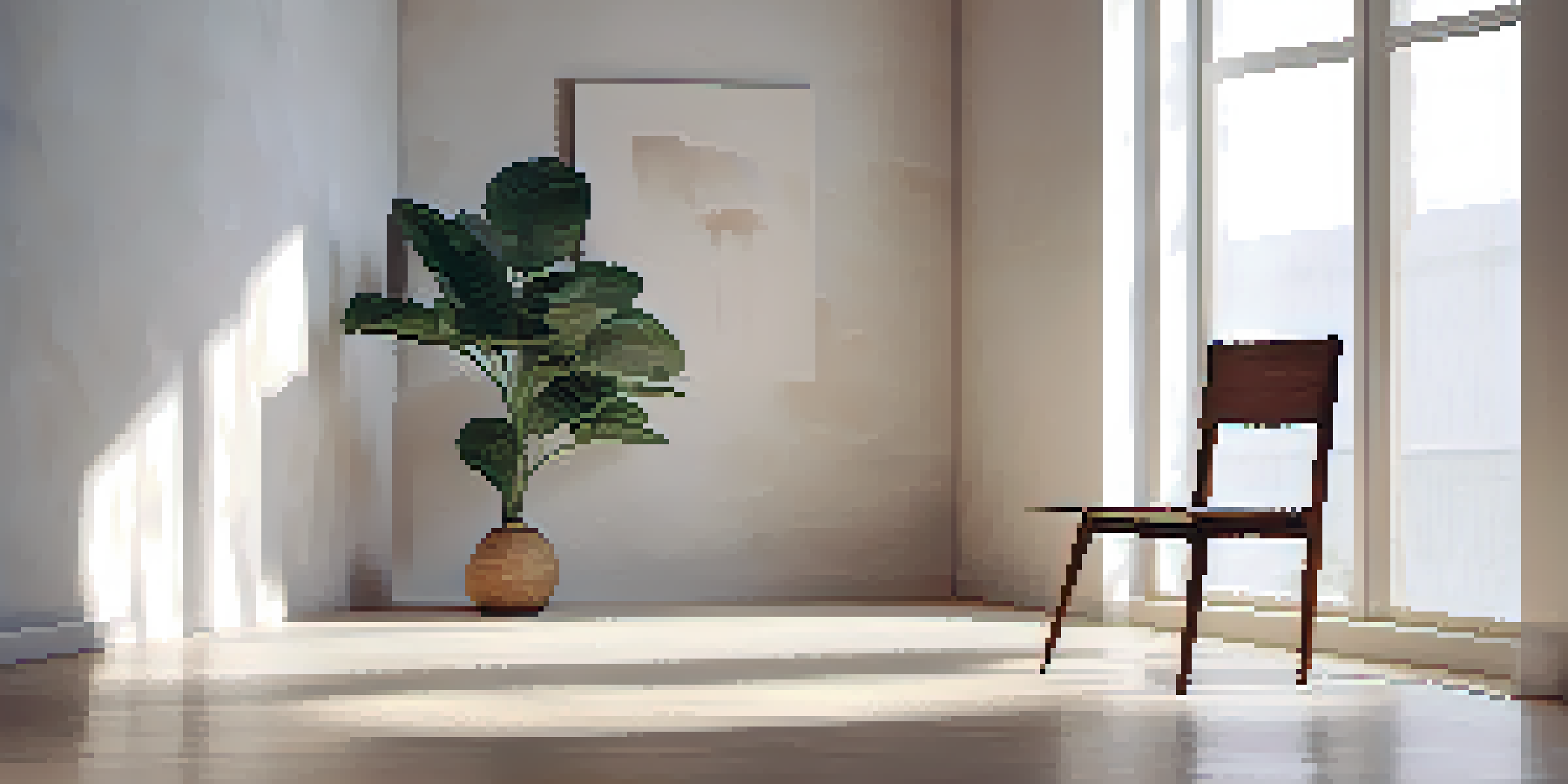 A minimalist room with a wooden chair, round table, and a green plant, illuminated by natural light from a large window.