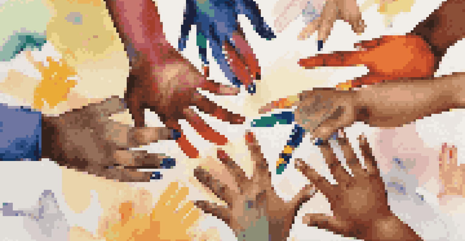 Close-up of children's hands painting a colorful collaborative canvas, displaying different skin tones and accessories, representing unity in diversity.