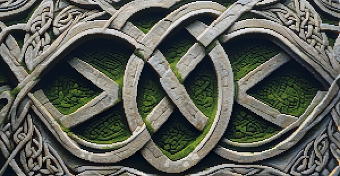 Close-up of a weathered stone with an intricate Celtic knot design, illuminated by soft morning light.