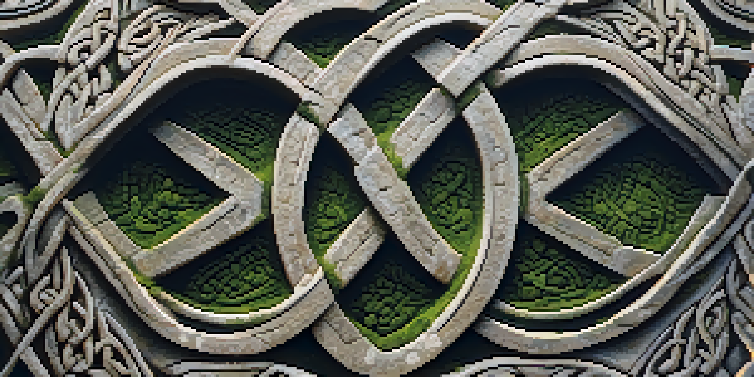 Close-up of a weathered stone with an intricate Celtic knot design, illuminated by soft morning light.