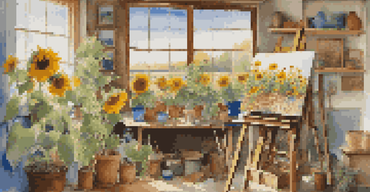 An artist's studio filled with natural materials, featuring a sunflower painting and plants.