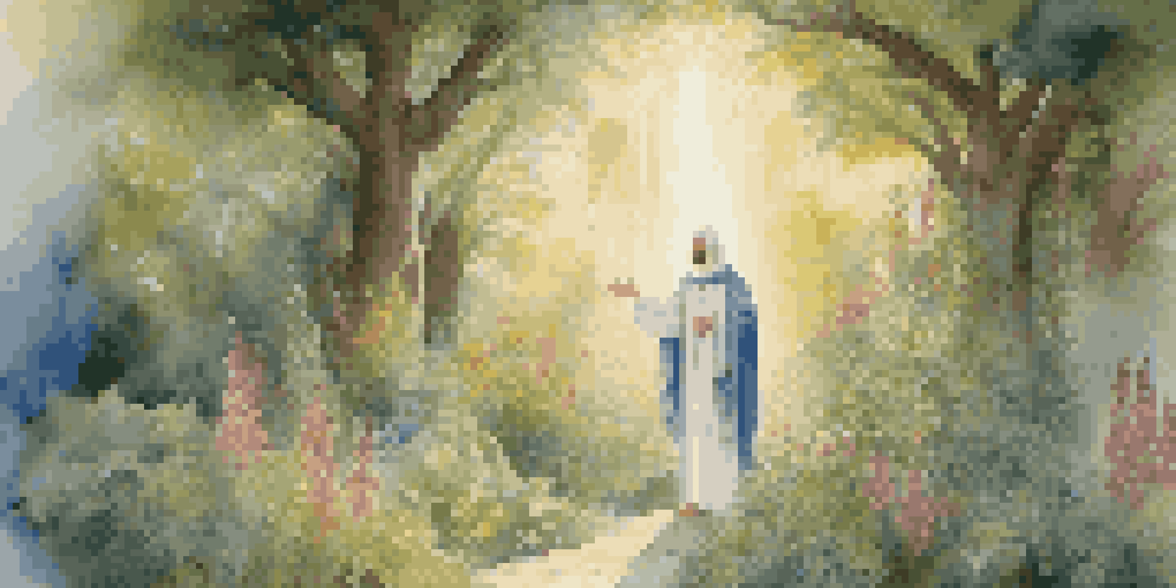 A saint in a lush garden illuminated by soft sunlight, surrounded by colorful flowers.
