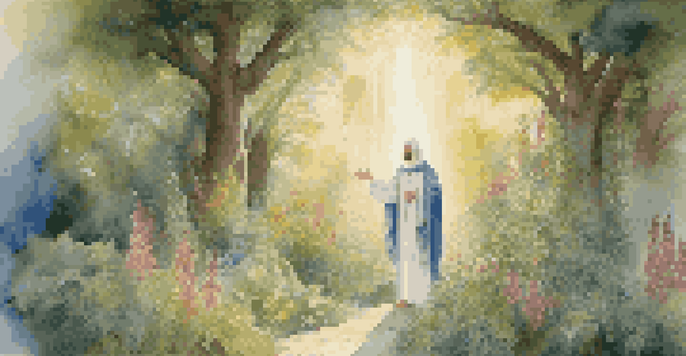 A saint in a lush garden illuminated by soft sunlight, surrounded by colorful flowers.