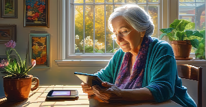 An elderly woman creating digital art on a tablet in a sunlit room filled with colorful artwork and plants.