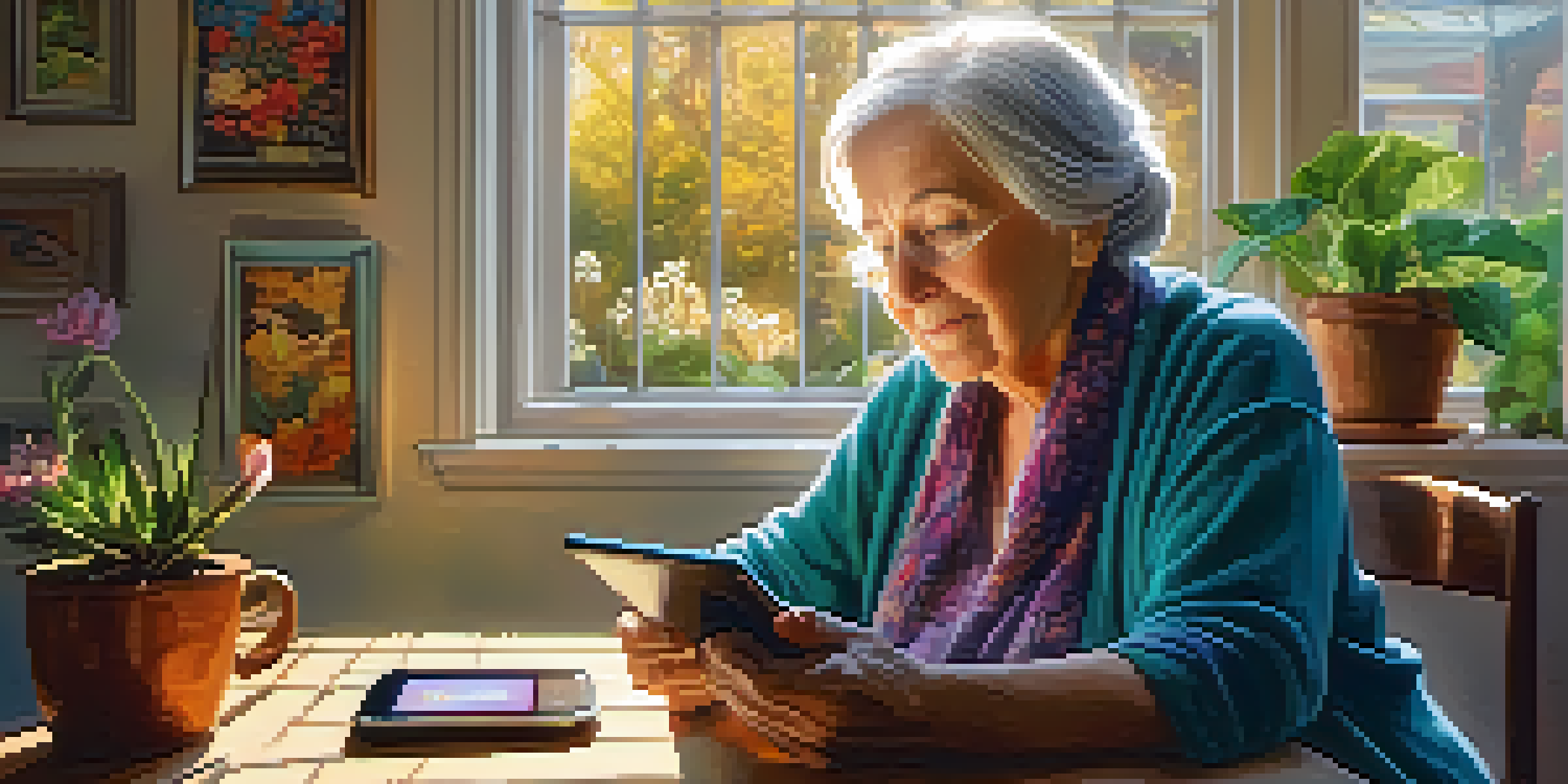 An elderly woman creating digital art on a tablet in a sunlit room filled with colorful artwork and plants.