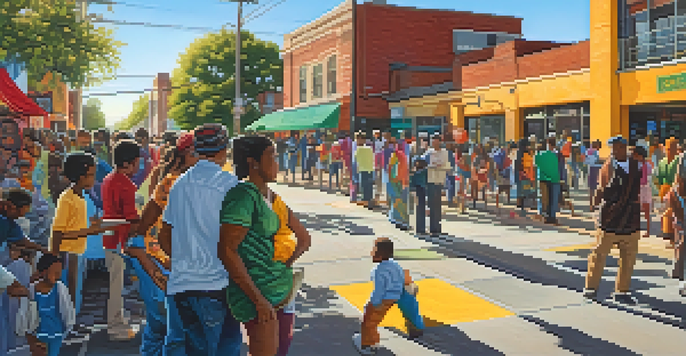 A colorful community mural illustrating various cultural expressions, with people gathered around it in a sunny urban setting.