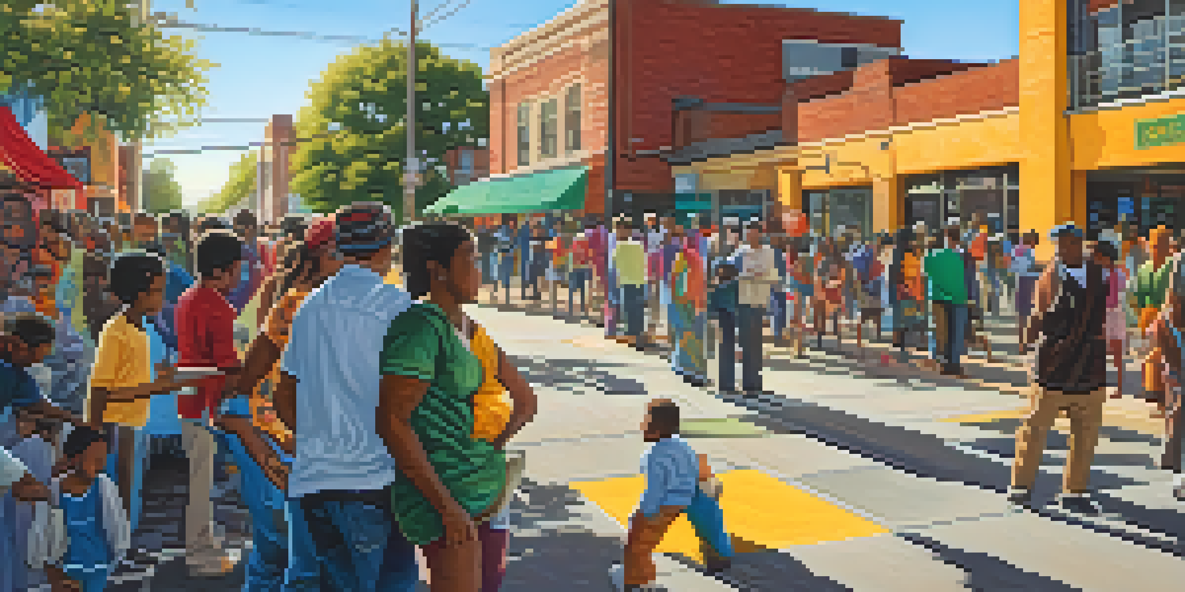 A colorful community mural illustrating various cultural expressions, with people gathered around it in a sunny urban setting.