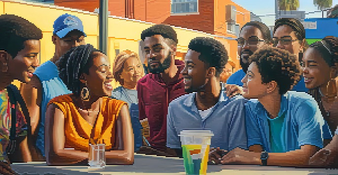 A diverse group of people discussing social issues in front of colorful murals, illuminated by a warm sunset.