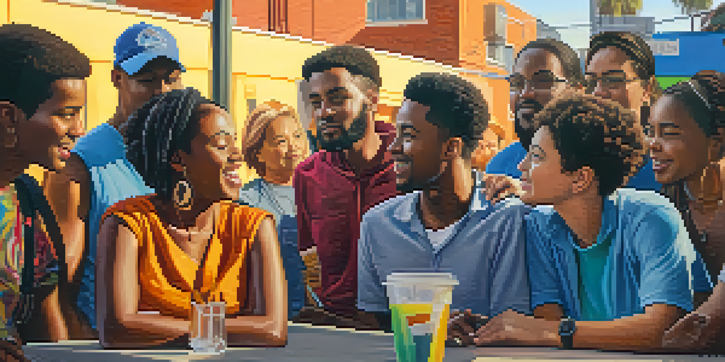 A diverse group of people discussing social issues in front of colorful murals, illuminated by a warm sunset.