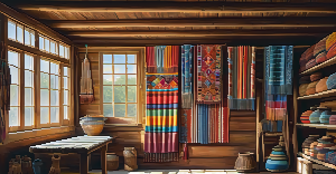 A sunlit artisan workshop displaying colorful traditional folk art textiles with intricate patterns and handmade pottery in the background.
