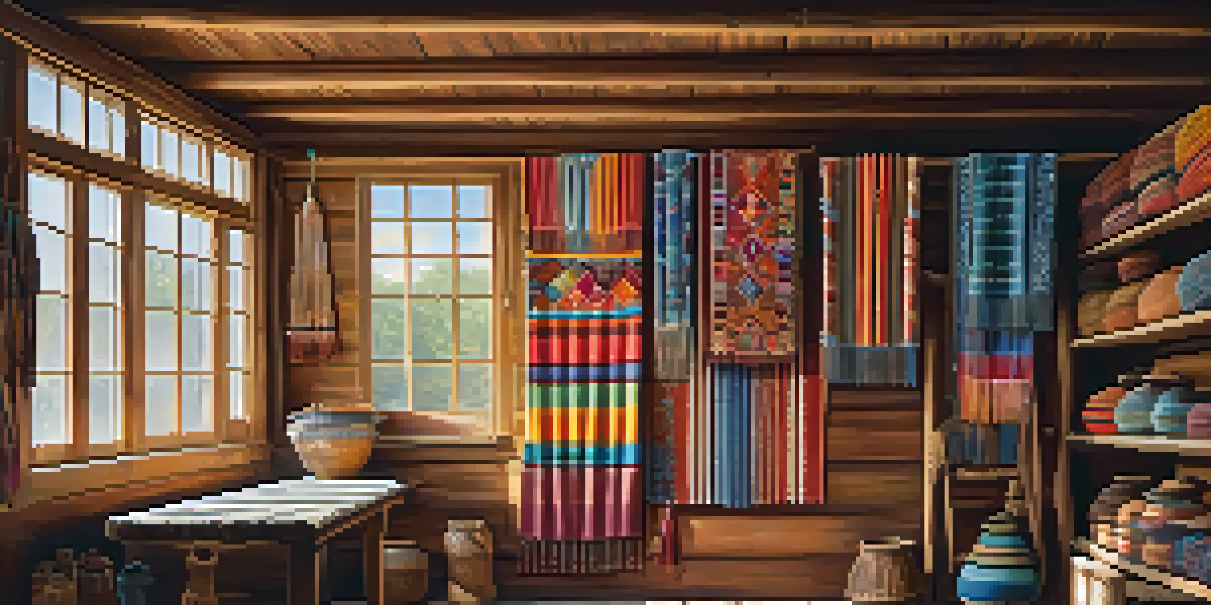 A sunlit artisan workshop displaying colorful traditional folk art textiles with intricate patterns and handmade pottery in the background.