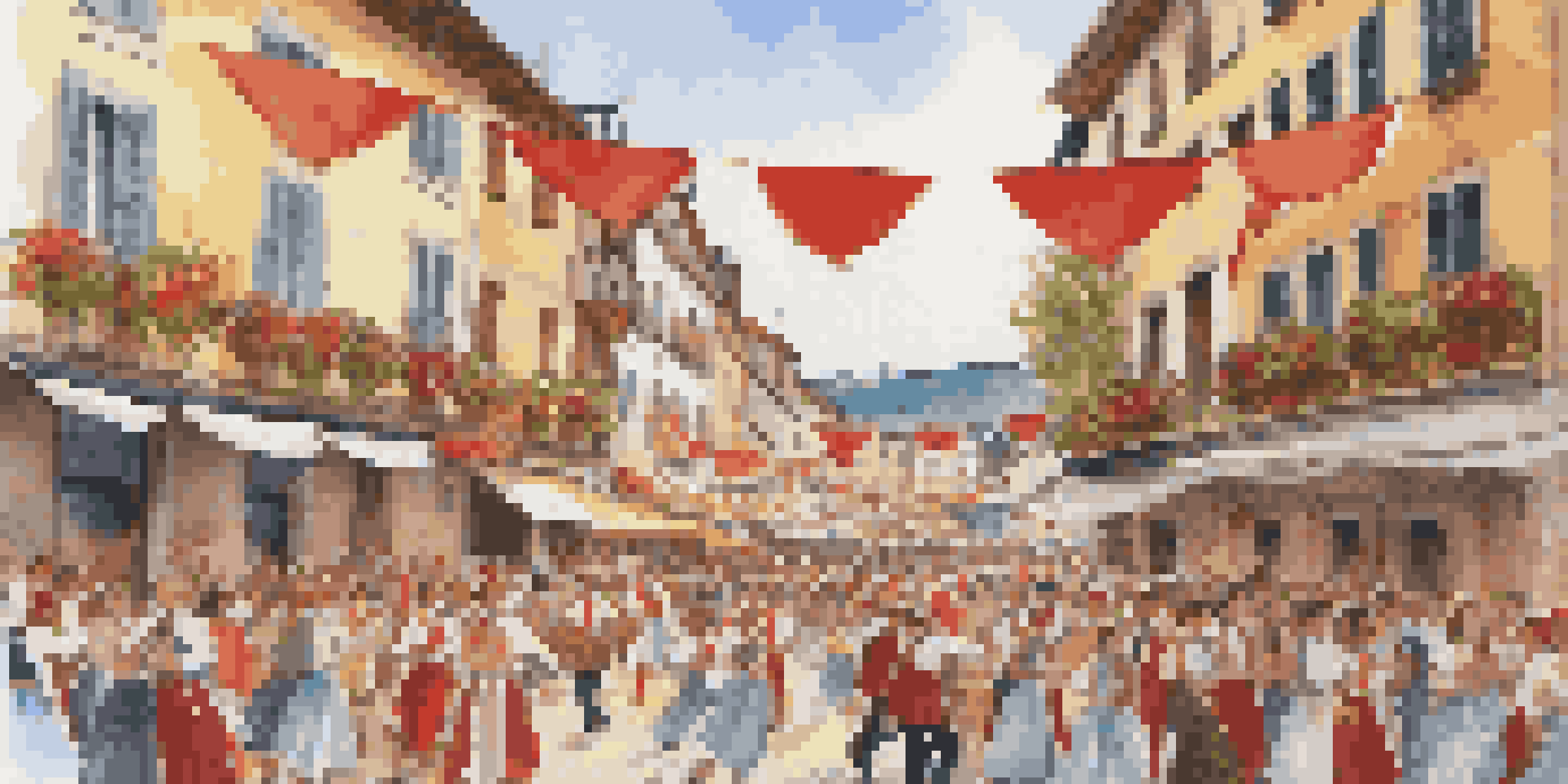 A lively street during a Basque festival with dancers in colorful costumes, musicians, and festive decorations.