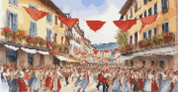 A lively street during a Basque festival with dancers in colorful costumes, musicians, and festive decorations.