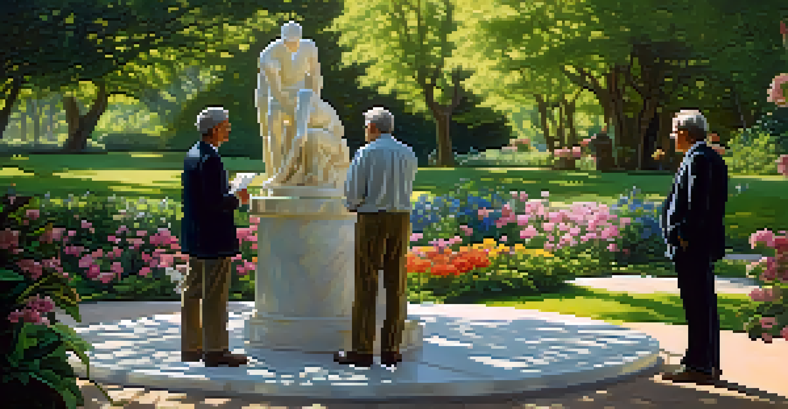 Art collectors discussing a marble sculpture in a beautiful garden filled with flowers and greenery.