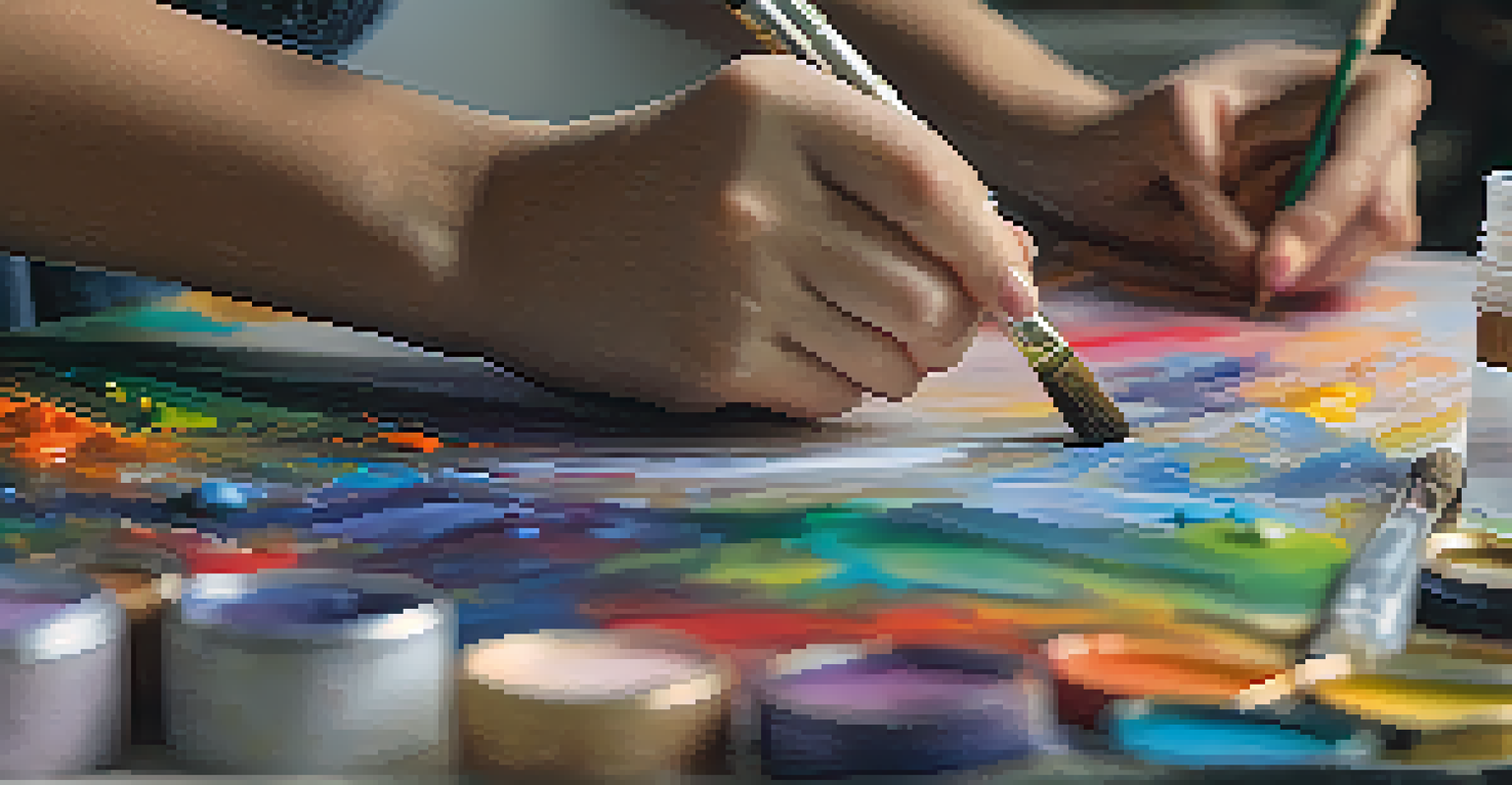 A close-up of a female artist's hands painting on a canvas, showcasing vibrant colors and textures.