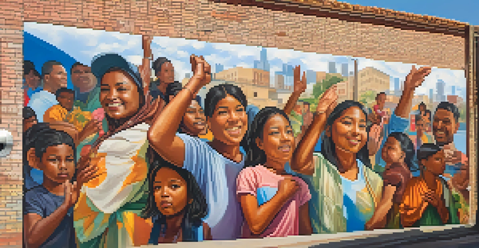 A colorful mural showcasing immigrant experiences, featuring portraits of diverse individuals and symbols of hope, illuminated by warm sunlight.