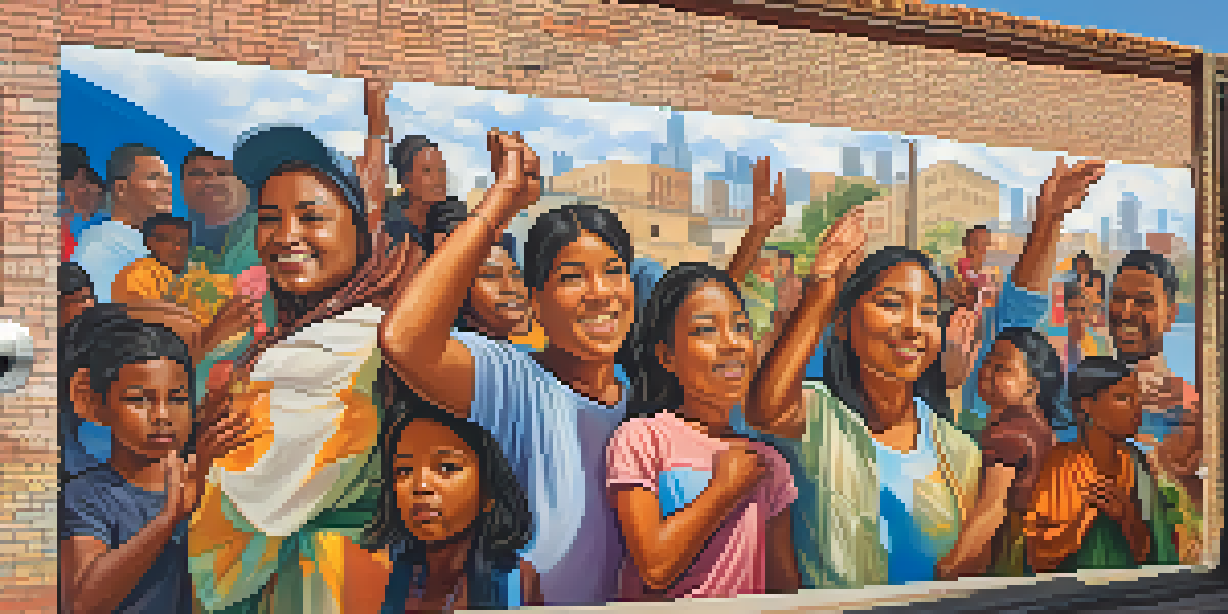 A colorful mural showcasing immigrant experiences, featuring portraits of diverse individuals and symbols of hope, illuminated by warm sunlight.