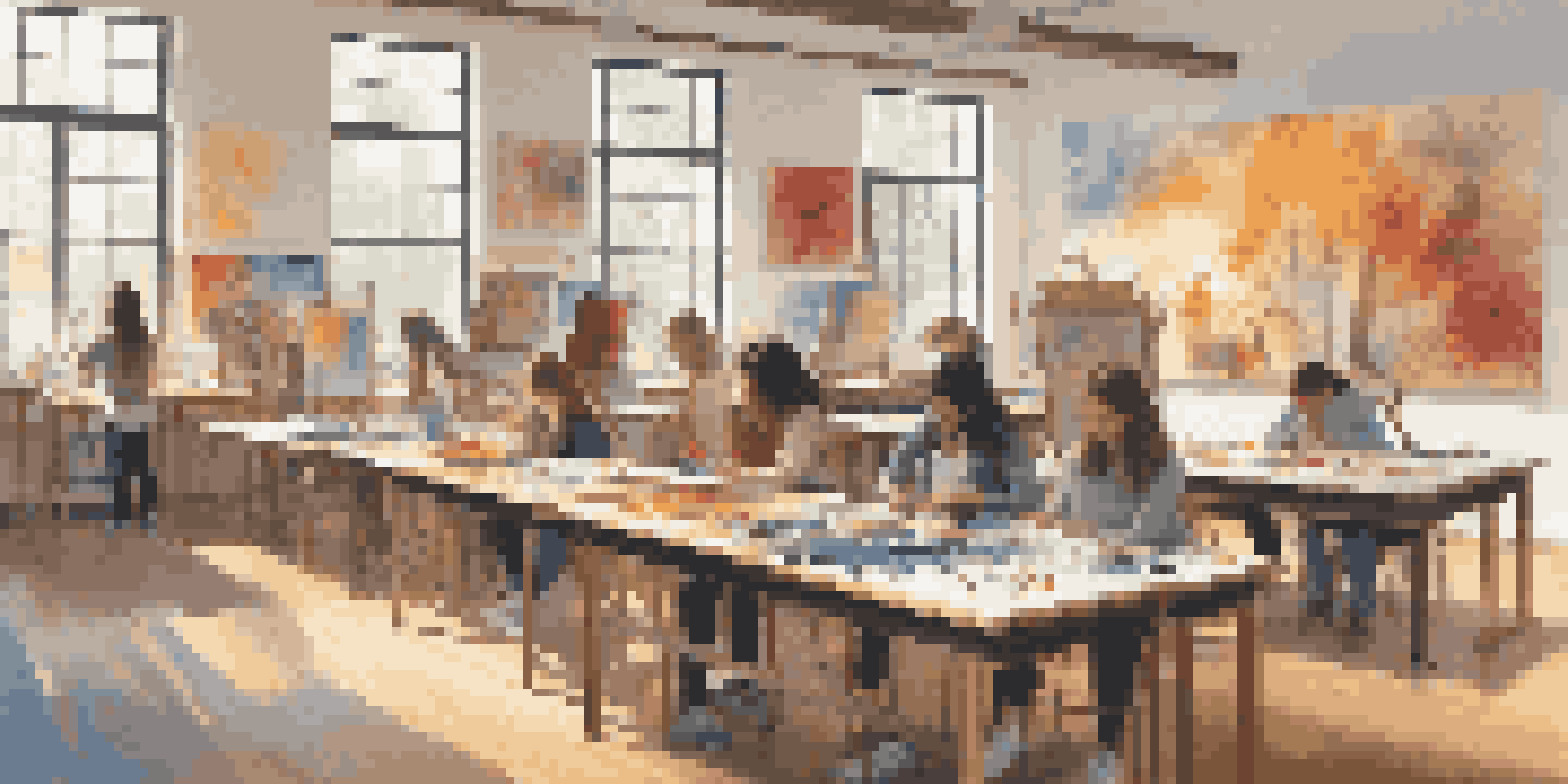 A bright and inviting art classroom with students painting and various artworks displayed on the walls.