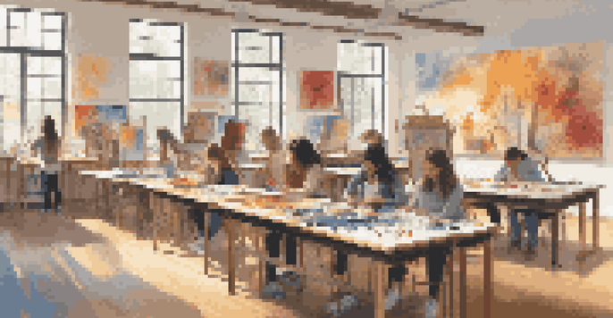 A bright and inviting art classroom with students painting and various artworks displayed on the walls.