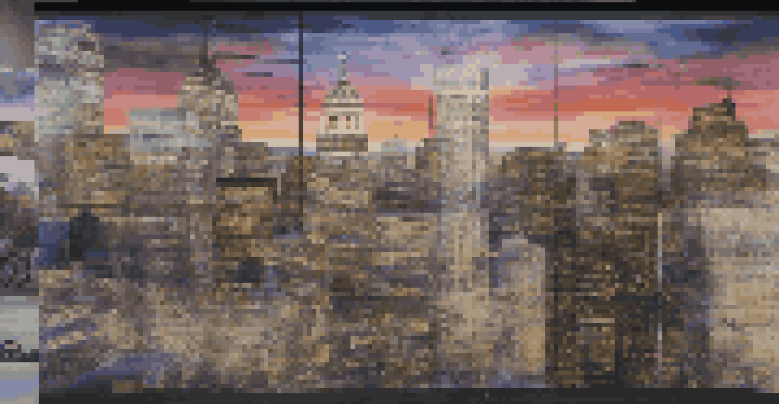 A digital art installation displaying a collage of personal stories and historical events in an urban space.