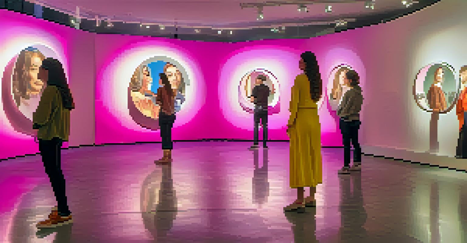 An interactive art installation with mirrors reflecting visitors' faces, illuminated by soft colorful lighting in a modern gallery.