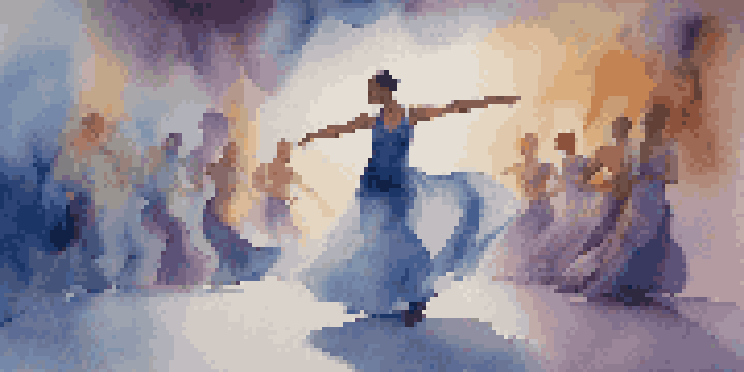 A performance artist on stage, dressed in flowing fabric, expressing vulnerability through movement, with an abstract mural in the background.
