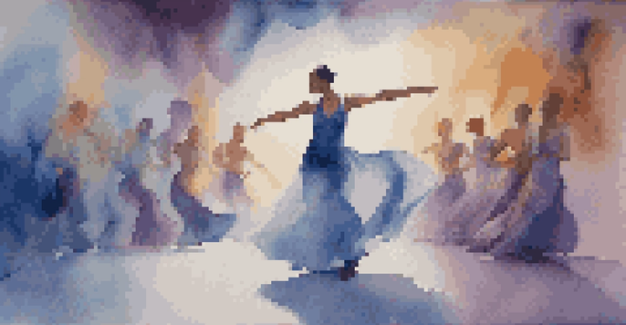 A performance artist on stage, dressed in flowing fabric, expressing vulnerability through movement, with an abstract mural in the background.