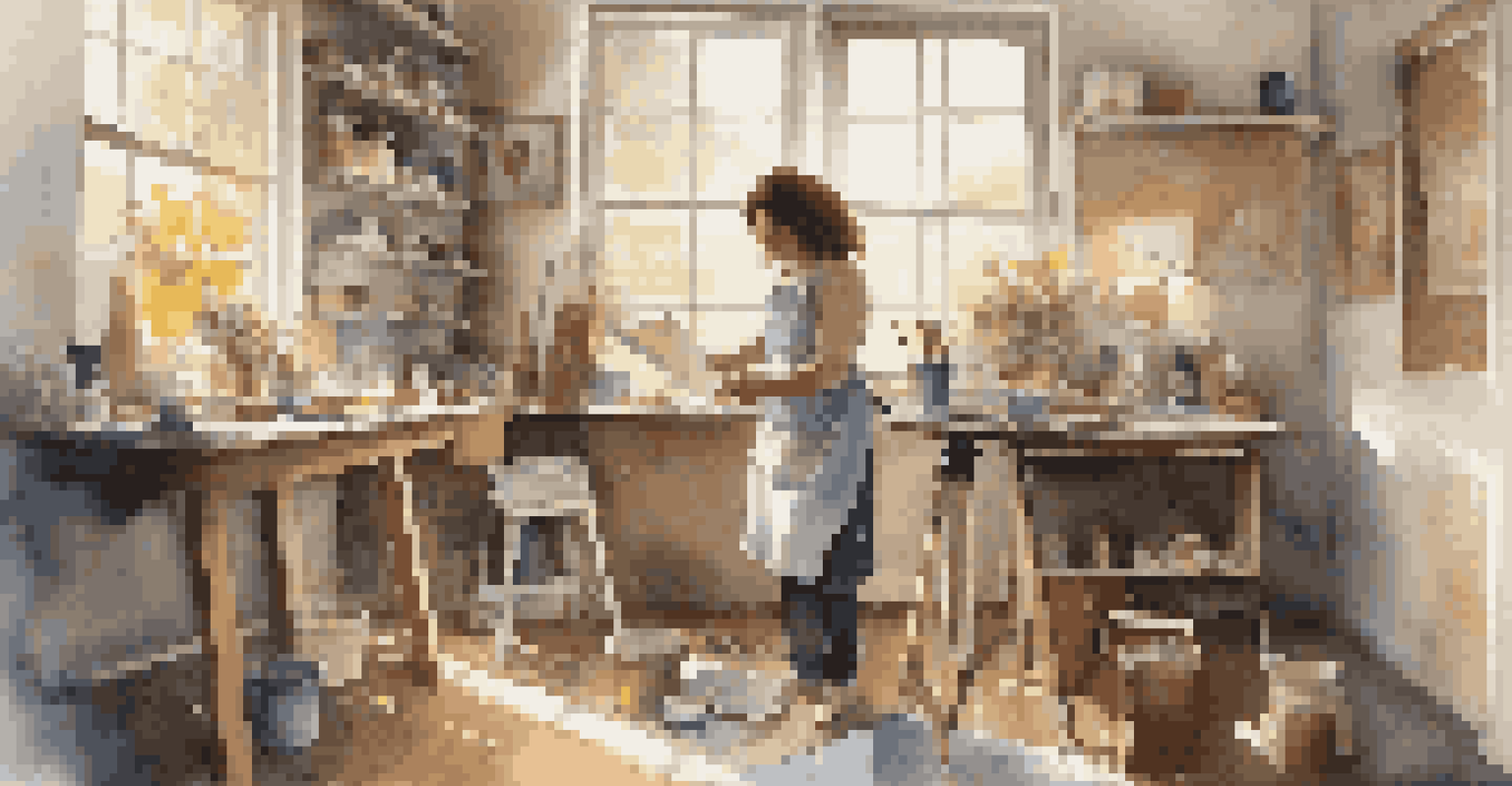 An artist painting in a sunlit studio, surrounded by art supplies, focused on her canvas.