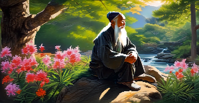An elderly man with a white beard sitting under a pine tree, surrounded by flowers and a stream, bathed in warm sunlight.