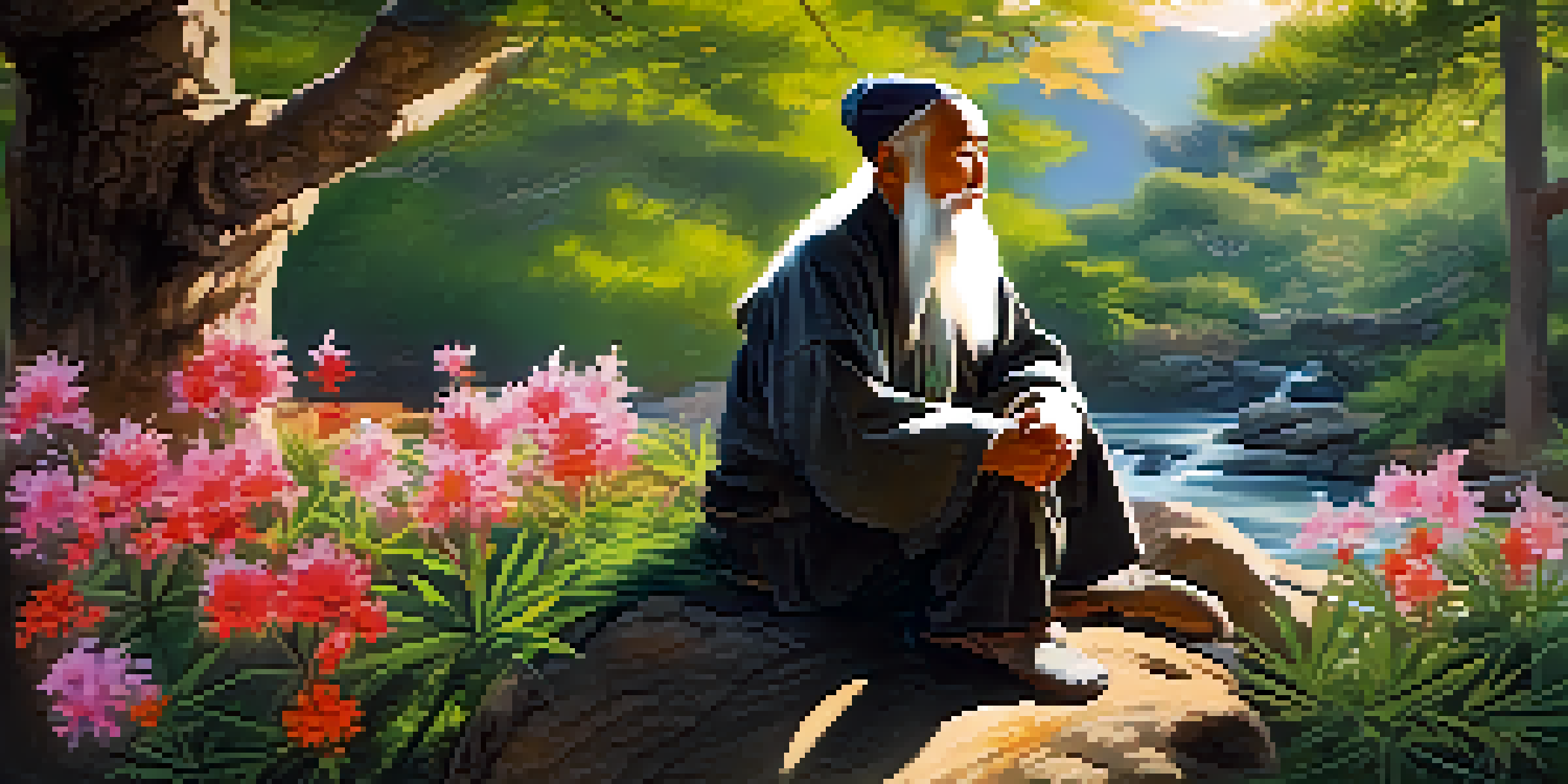 An elderly man with a white beard sitting under a pine tree, surrounded by flowers and a stream, bathed in warm sunlight.