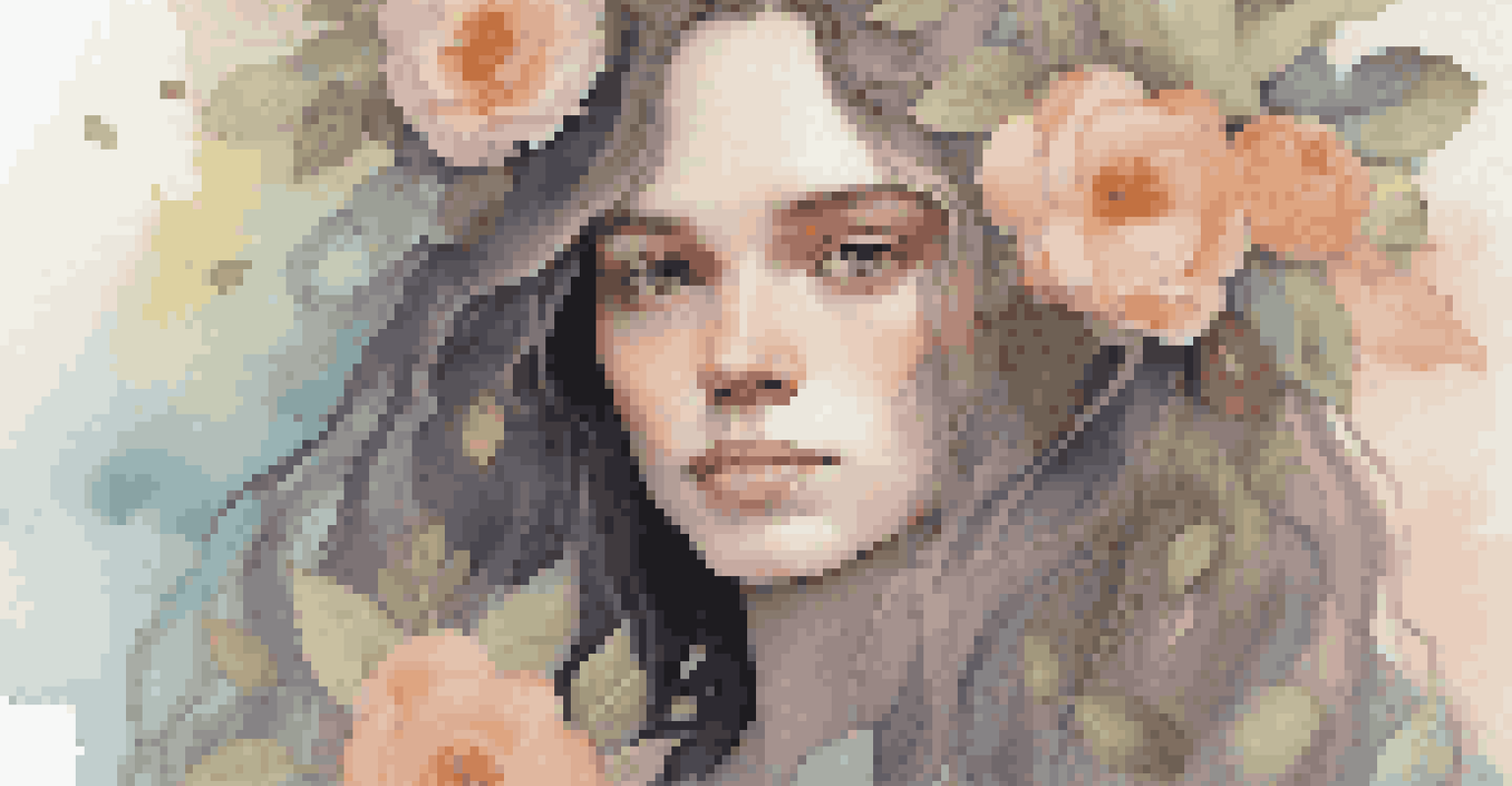 A close-up portrait of a person with flowers in their hair, set against a pastel gradient background, conveying warmth and introspection.