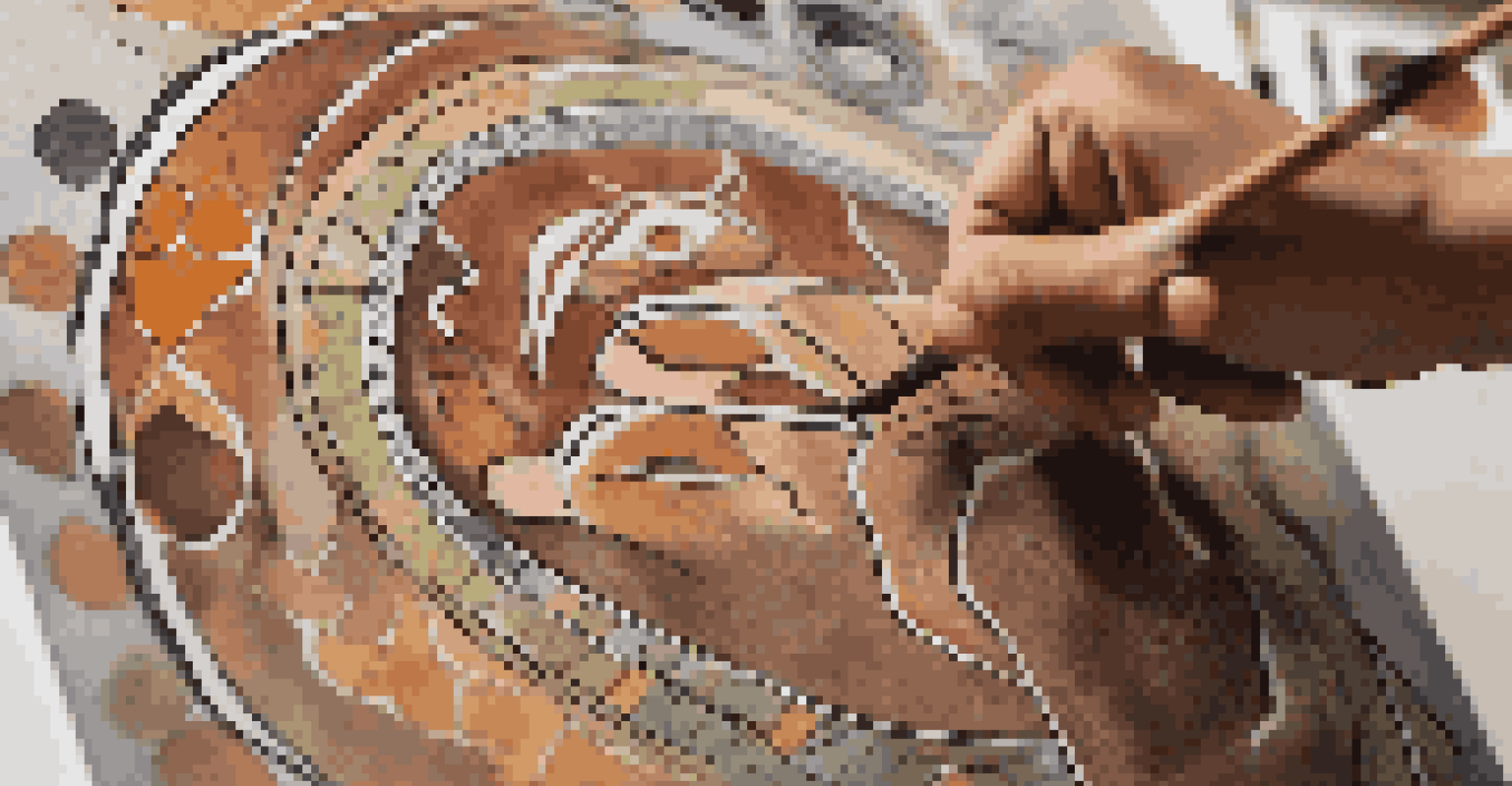 A close-up of a hand painting traditional symbols on a canvas with rich colors, set against a blurred mural background.