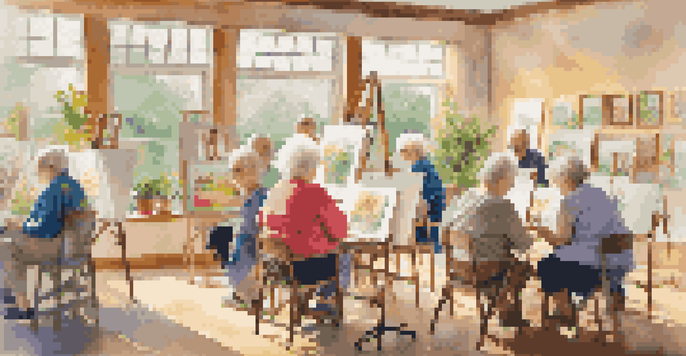 An art class for older adults in a bright community studio, with participants painting and colorful artwork on the walls.