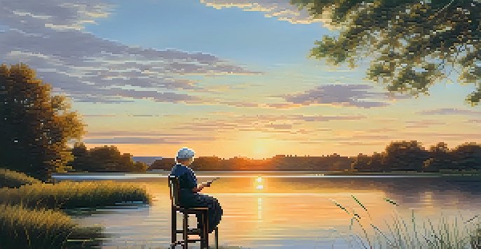 An elderly female artist painting a sunset landscape by a tranquil lake, surrounded by greenery.
