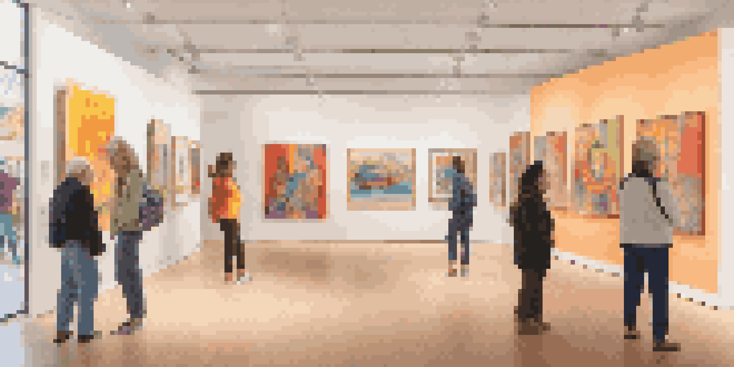 An art gallery filled with diverse artworks and visitors from various cultures engaging with the art.