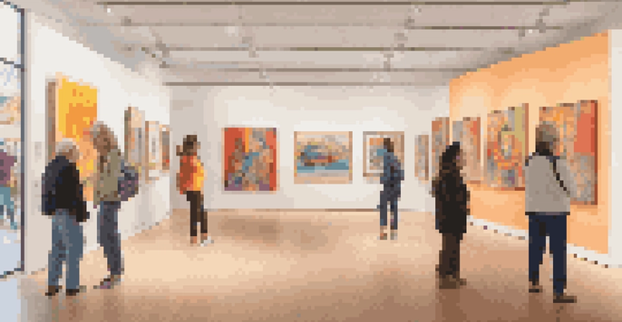An art gallery filled with diverse artworks and visitors from various cultures engaging with the art.