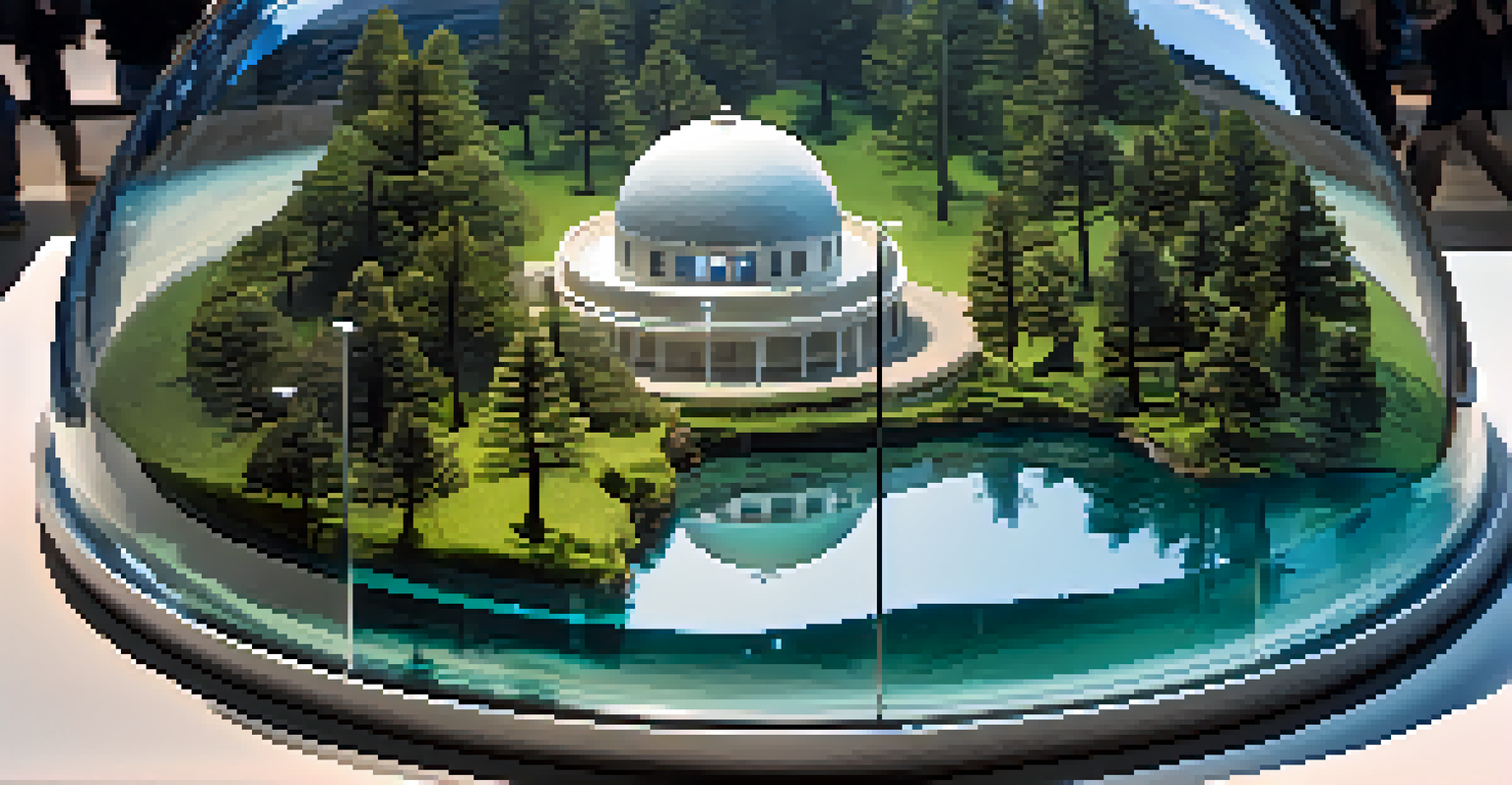 A transparent dome with water simulating rising sea levels, showing miniature houses and trees, with visitors observing the installation.
