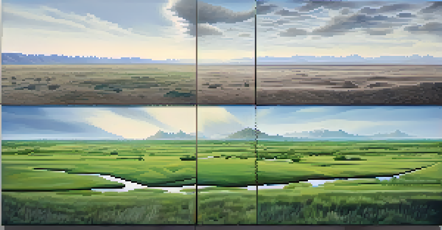 A landscape painting showing a split scene of a lush environment and a drought-stricken land, highlighting climate change.
