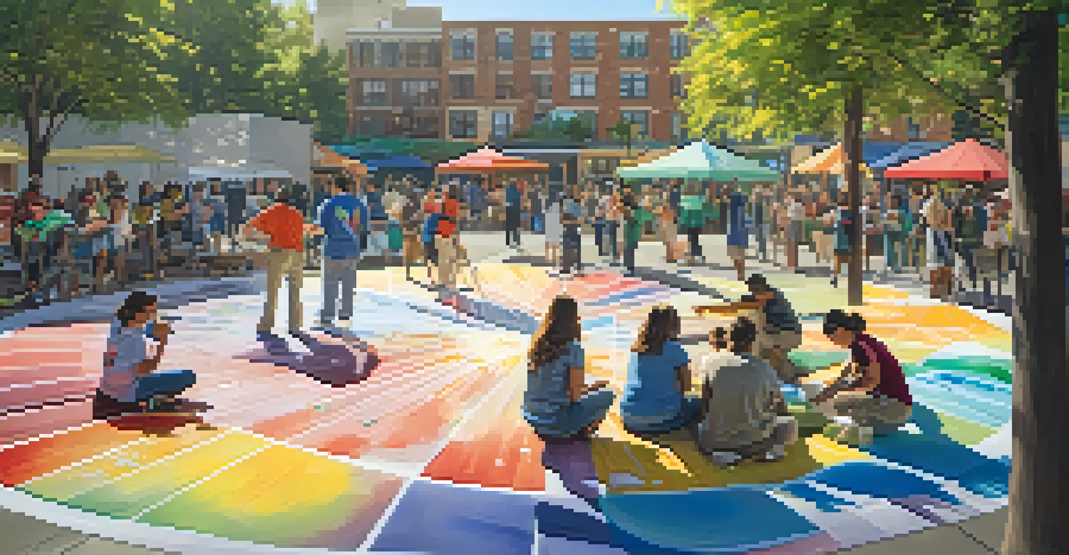 A community art workshop in a sunny plaza, featuring residents painting a large mural together, surrounded by colorful canvases.