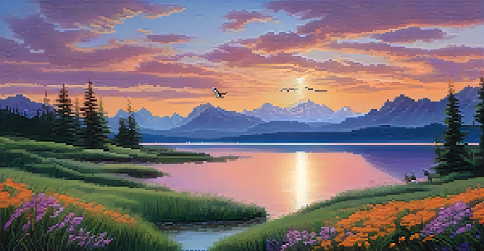 A peaceful sunset over a lake, with mountains in the background and colorful reflections on the water.