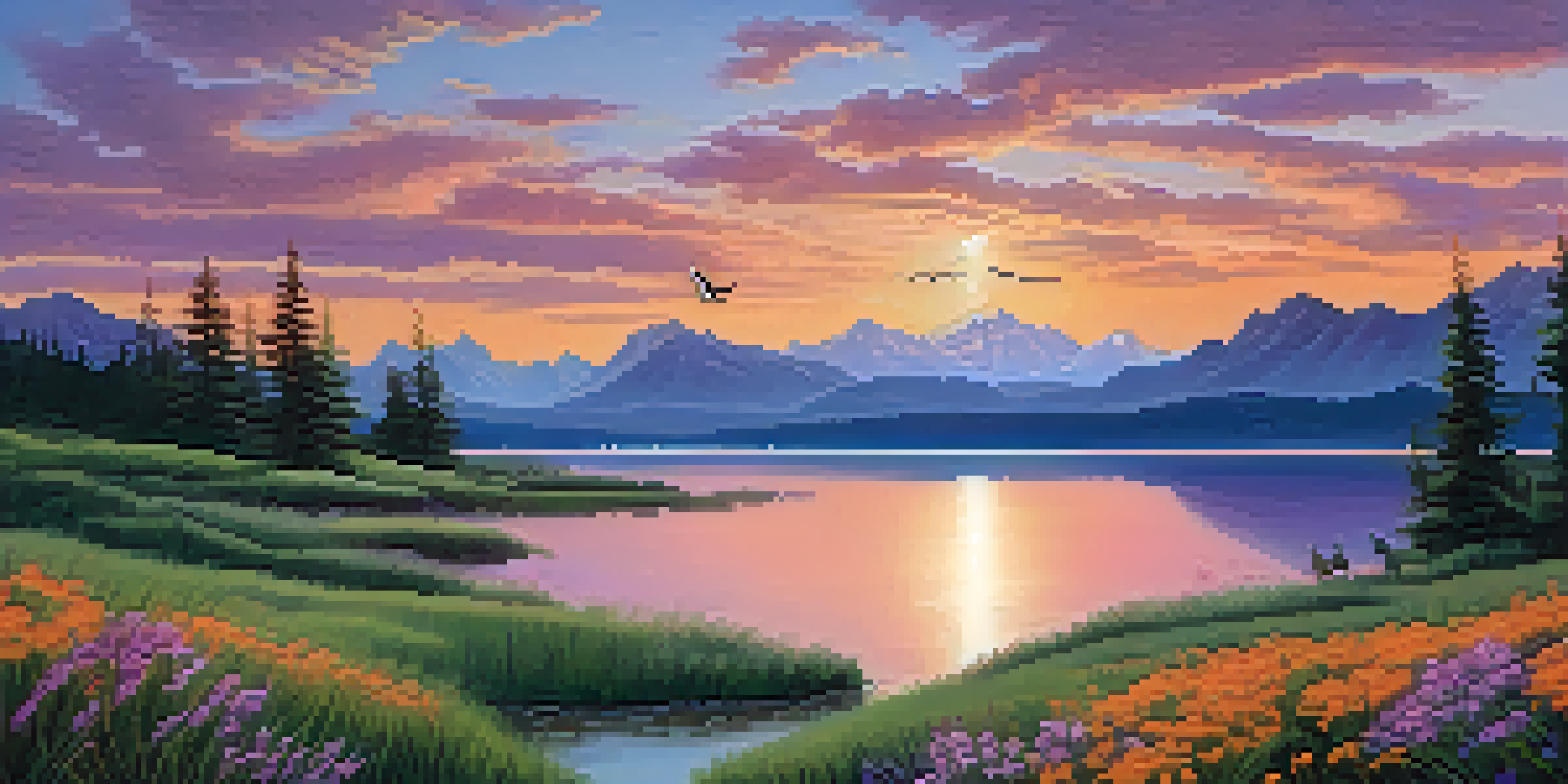 A peaceful sunset over a lake, with mountains in the background and colorful reflections on the water.