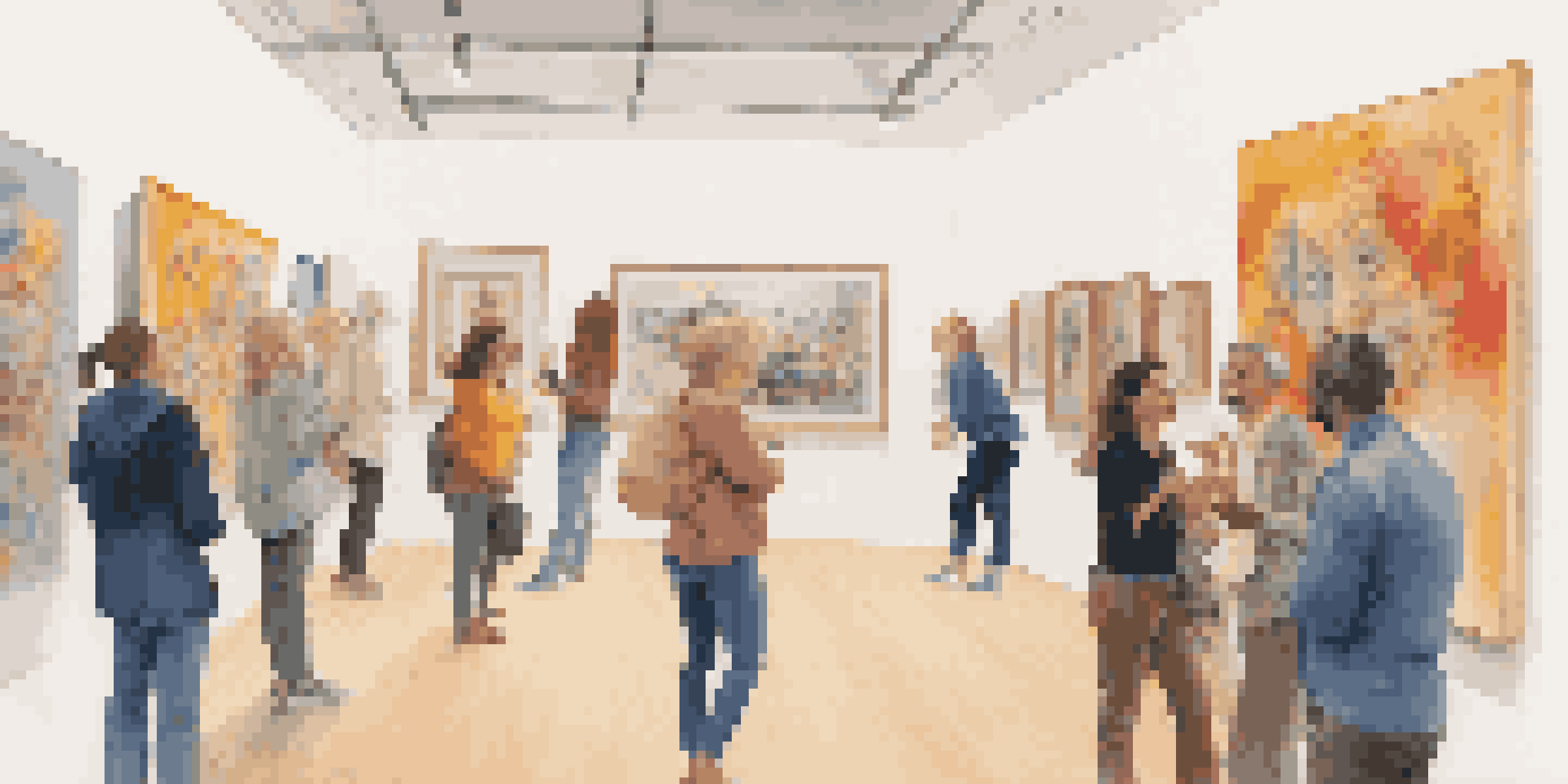 A lively art gallery with diverse visitors laughing and engaging with colorful paintings, while a critic humorously gestures towards an abstract artwork.