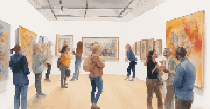 A lively art gallery with diverse visitors laughing and engaging with colorful paintings, while a critic humorously gestures towards an abstract artwork.