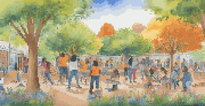 A group of young artists working together on a colorful community mural in a sunny park, expressing resilience and hope.